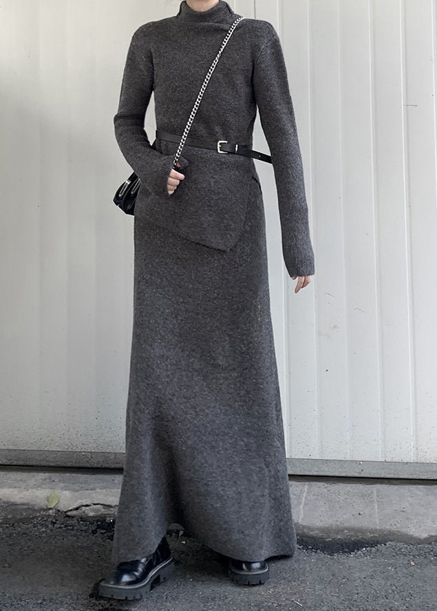 Fashion Grey Turtle Neck Asymmetrical Design Knit Two Pieces Set Winter