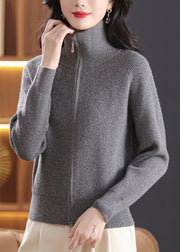 Fashion Grey Zippered Solid Knitted Cotton Coats Long Sleeve