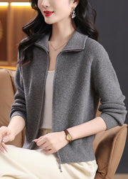 Fashion Grey Zippered Solid Knitted Cotton Coats Long Sleeve