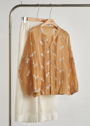 Fashion Khaki Embroidered Wrinkled Cotton Blouses Fall