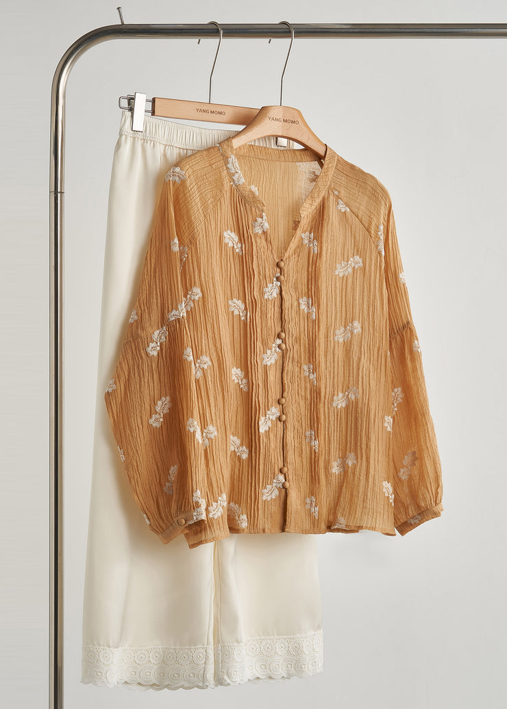 Fashion Khaki Embroidered Wrinkled Cotton Blouses Fall