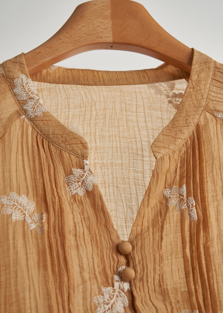 Fashion Khaki Embroidered Wrinkled Cotton Blouses Fall