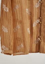 Fashion Khaki Embroidered Wrinkled Cotton Blouses Fall