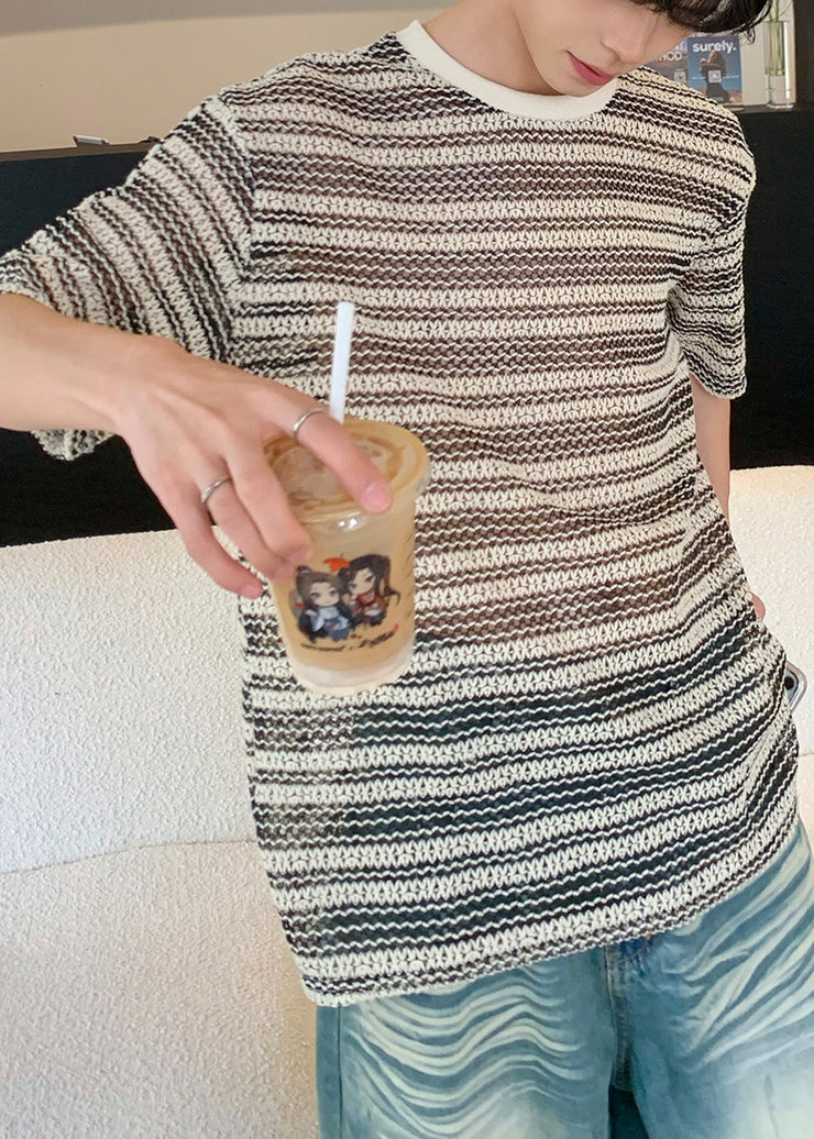 Fashion Khaki Oversized Striped Knit Best T Shirts For Men Summer