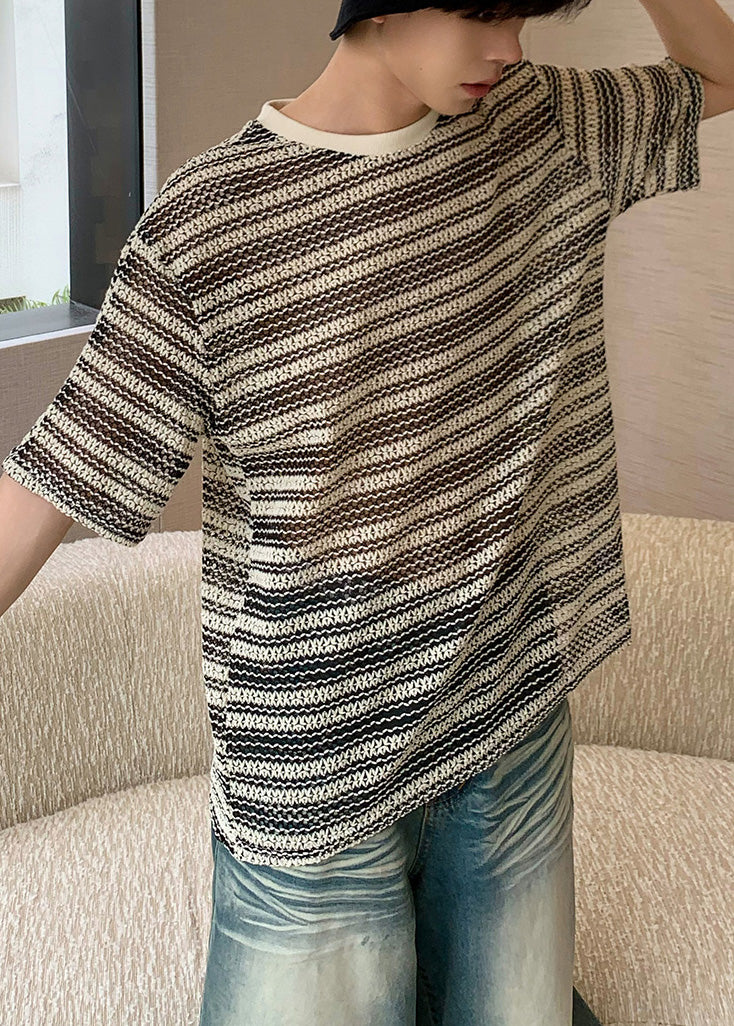 Fashion Khaki Oversized Striped Knit Best T Shirts For Men Summer