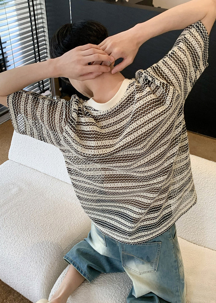 Fashion Khaki Oversized Striped Knit Best T Shirts For Men Summer