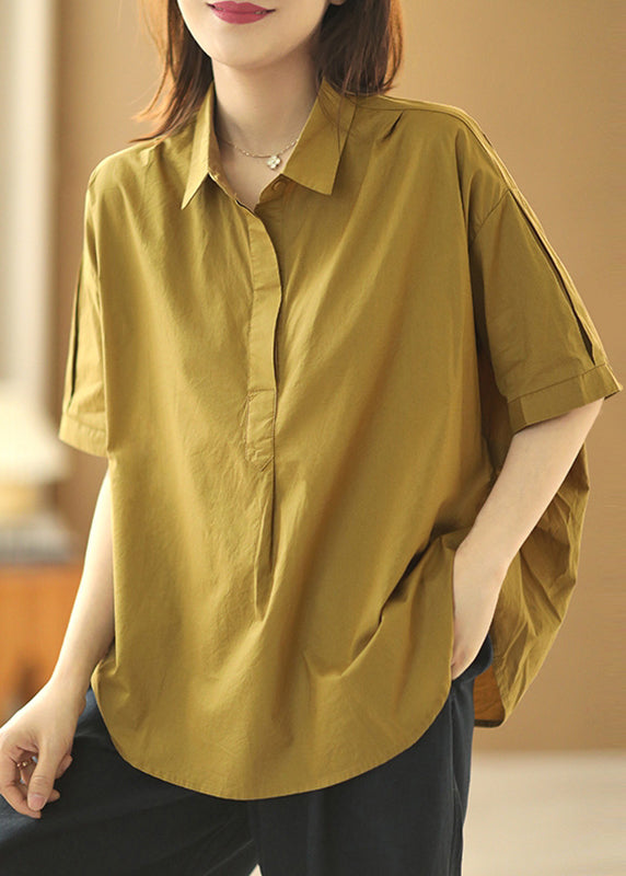 Fashion Khaki Peter Pan Collar Patchwork Cotton Shirts Summer