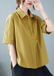 Fashion Khaki Peter Pan Collar Patchwork Cotton Shirts Summer
