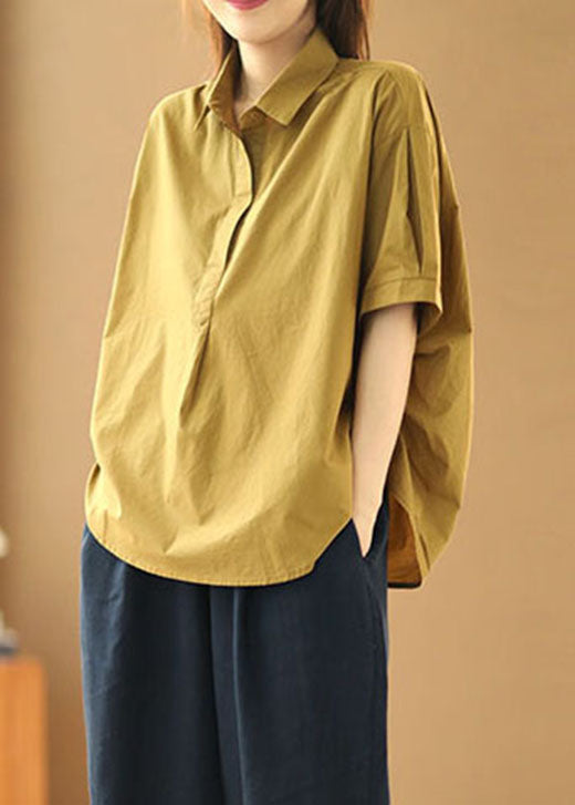 Fashion Khaki Peter Pan Collar Patchwork Cotton Shirts Summer