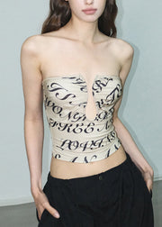 Fashion Khaki Print Hollow Out Cotton Strapless Top Summer