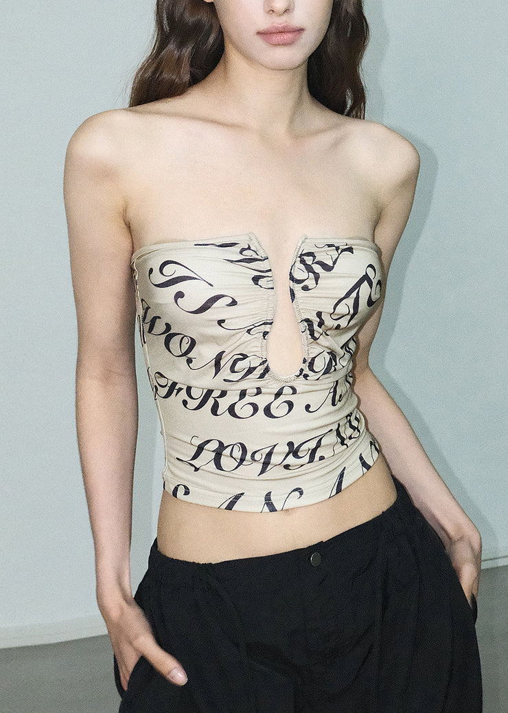 Fashion Khaki Print Hollow Out Cotton Strapless Top Summer
