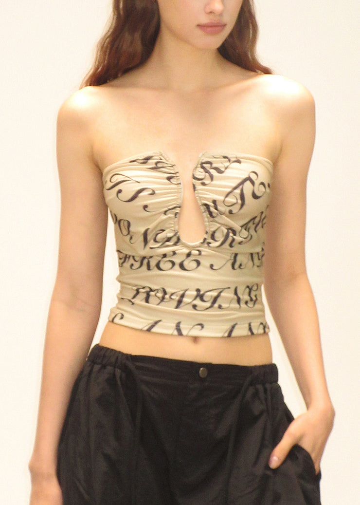 Fashion Khaki Print Hollow Out Cotton Strapless Top Summer