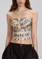 Fashion Khaki Print Hollow Out Cotton Strapless Top Summer