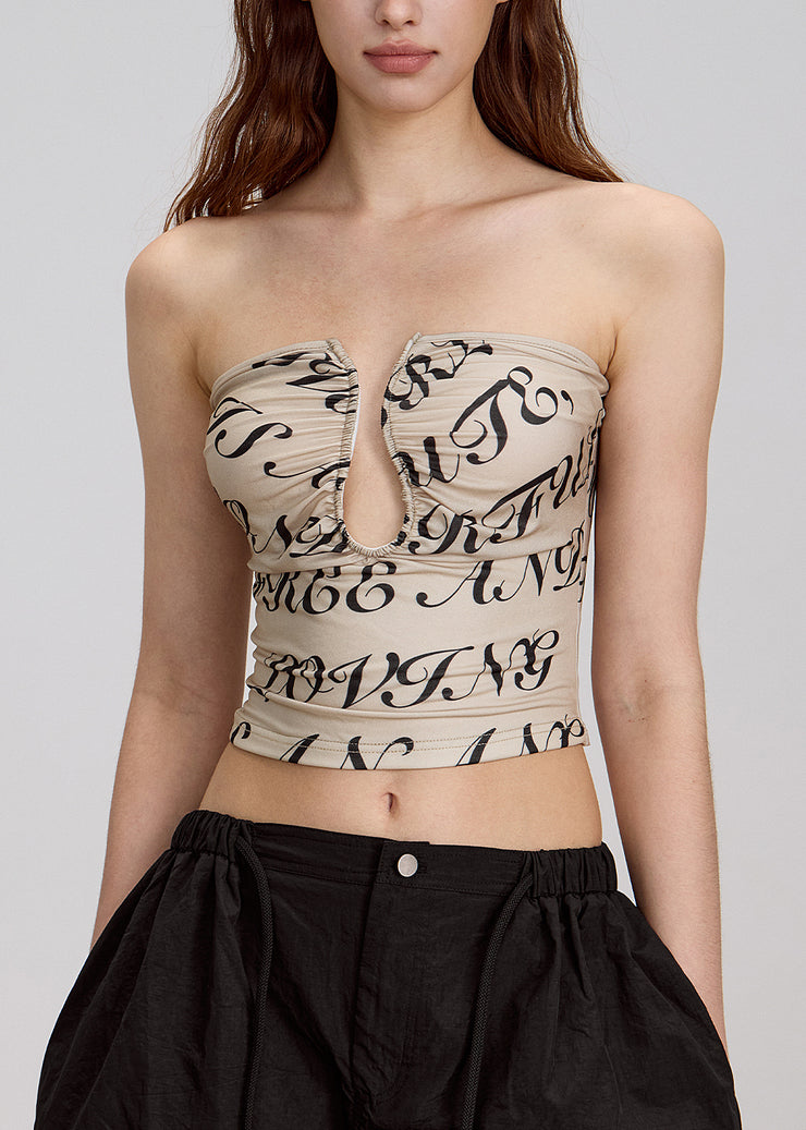 Fashion Khaki Print Hollow Out Cotton Strapless Top Summer