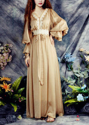 Fashion Khaki V Neck Lace Patchwork Exra Large Hem Silk Cinch Long Dress Spring