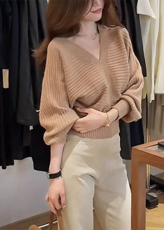 Fashion Khaki V Neck Patchwork Cozy Cotton Knit Sweater Fall