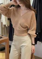 Fashion Khaki V Neck Patchwork Cozy Cotton Knit Sweater Fall