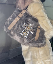 Fashion Khaki Zircon Large Capacity Mink Hair Tote Handbag