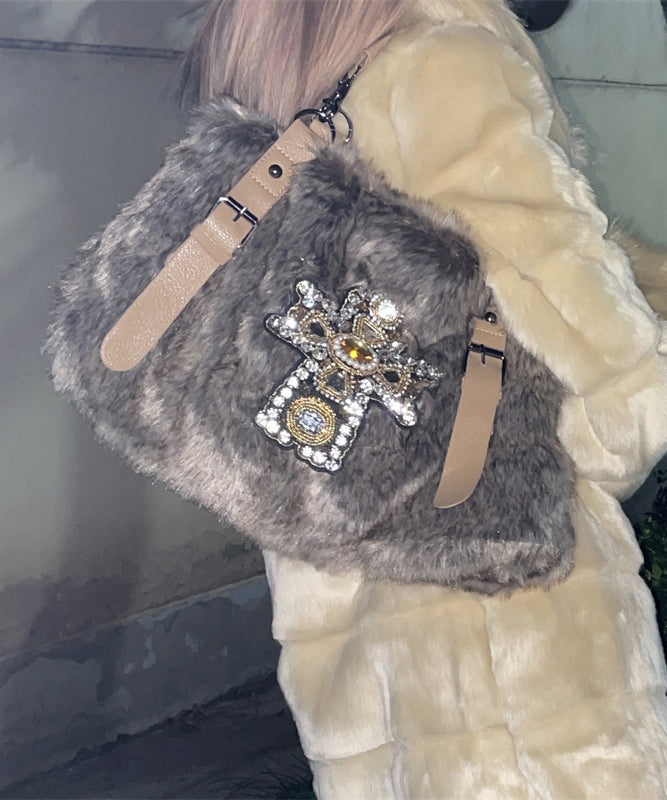 Fashion Khaki Zircon Large Capacity Mink Hair Tote Handbag