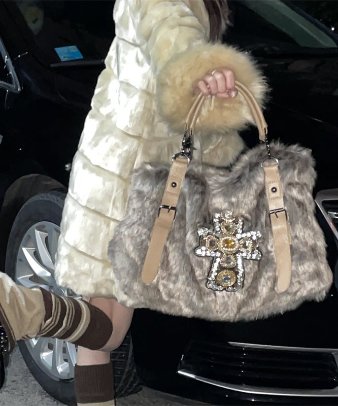 Fashion Khaki Zircon Large Capacity Mink Hair Tote Handbag