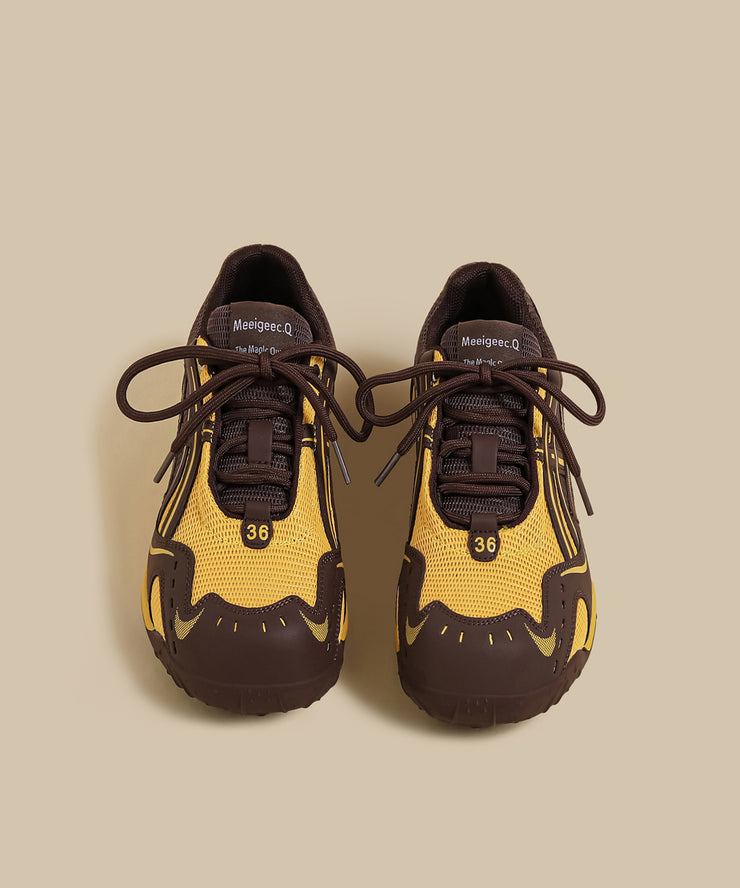 Fashion Lace Up Splicing Flat Feet Shoes Yellow Breathable Mesh