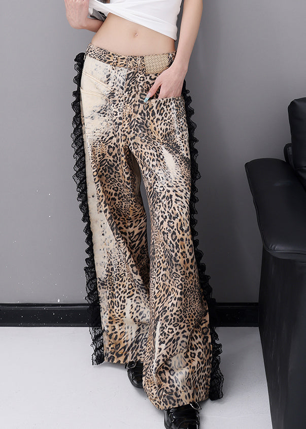 Fashion Leopard Pockets Lace Patchwork Denim Wide Leg Pants Fall