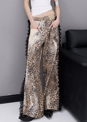 Fashion Leopard Pockets Lace Patchwork Denim Wide Leg Pants Fall