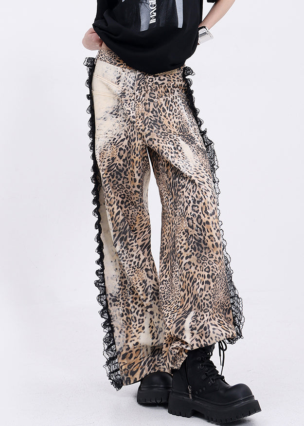 Fashion Leopard Pockets Lace Patchwork Denim Wide Leg Pants Fall