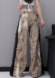 Fashion Leopard Pockets Lace Patchwork Denim Wide Leg Pants Fall