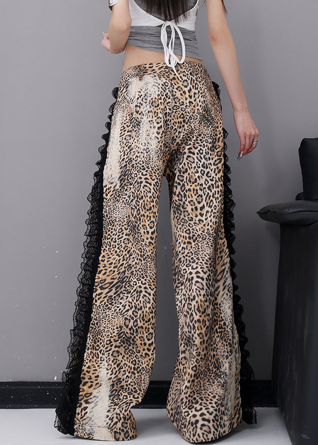 Fashion Leopard Pockets Lace Patchwork Denim Wide Leg Pants Fall