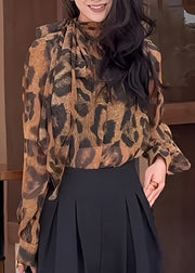 Fashion Leopard Print Bow Lace Up Chiffon Shirt Tops Spring