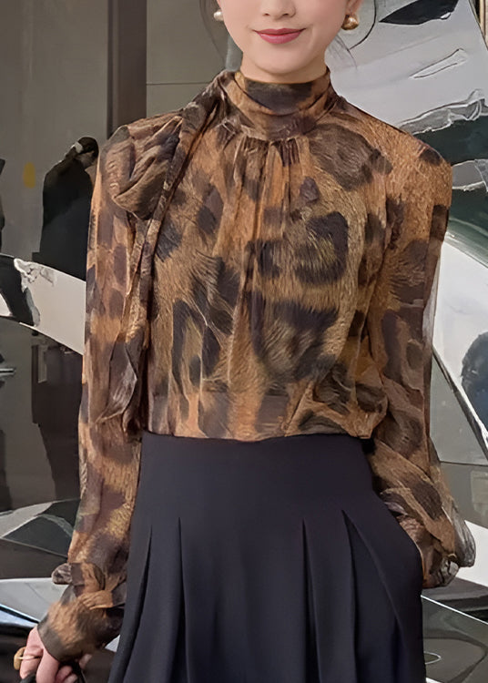 Fashion Leopard Print Bow Lace Up Chiffon Shirt Tops Spring