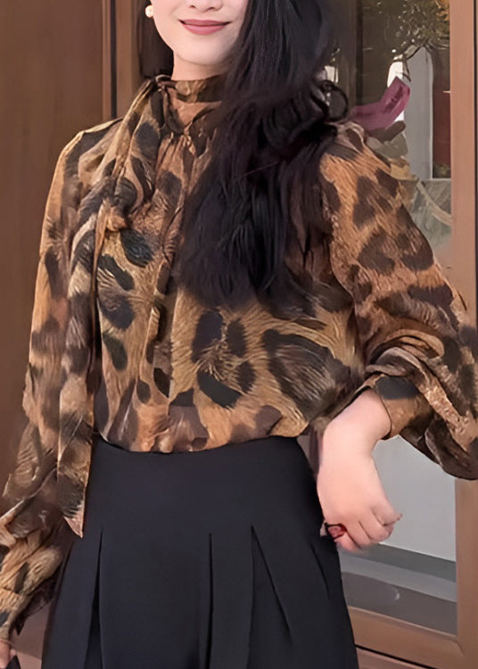 Fashion Leopard Print Bow Lace Up Chiffon Shirt Tops Spring