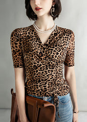 Fashion Leopard V Neck Cinched Tulle Tops Summer