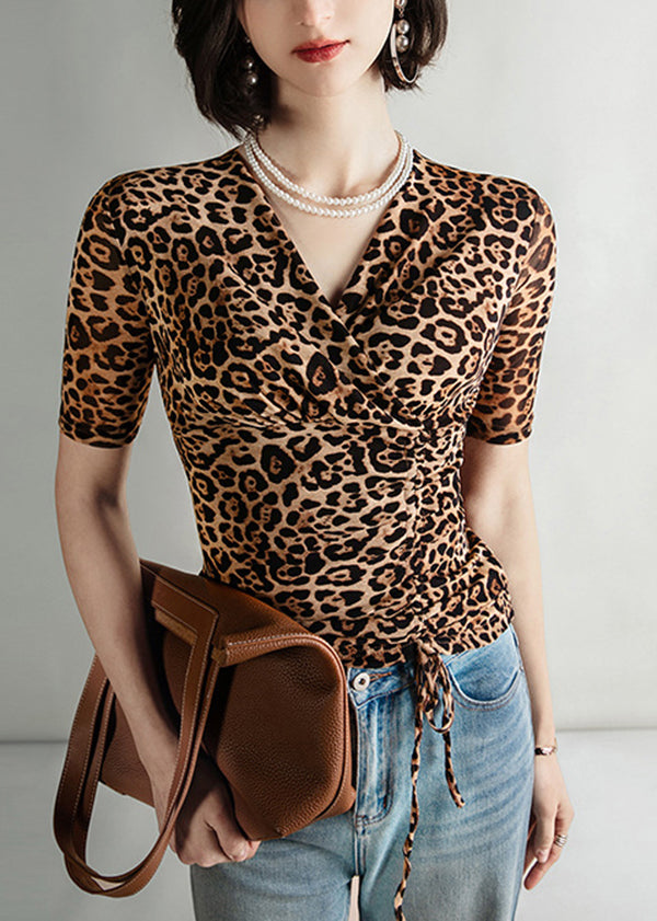 Fashion Leopard V Neck Cinched Tulle Tops Summer