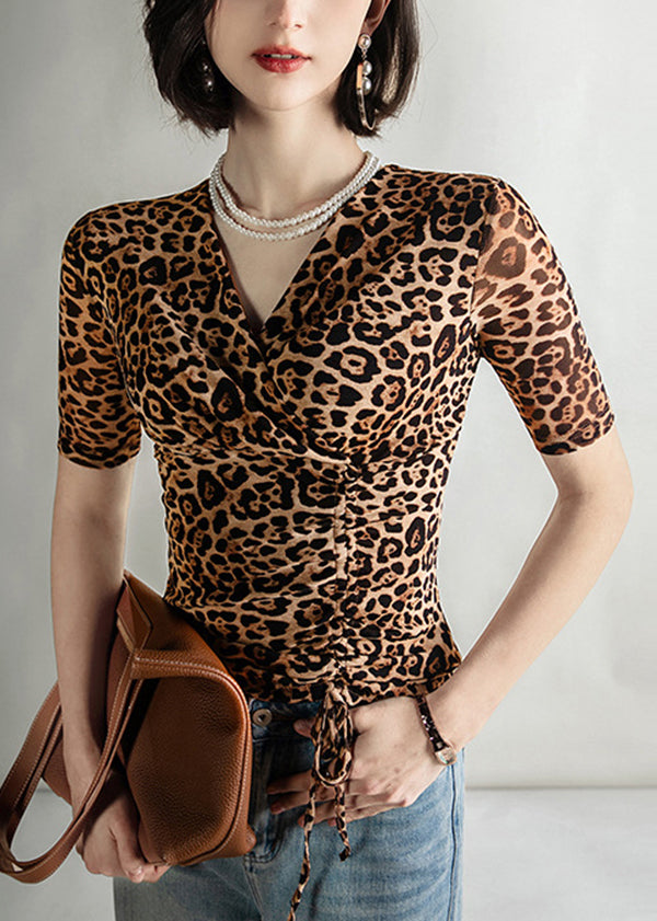 Fashion Leopard V Neck Cinched Tulle Tops Summer