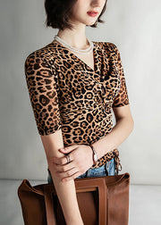 Fashion Leopard V Neck Cinched Tulle Tops Summer