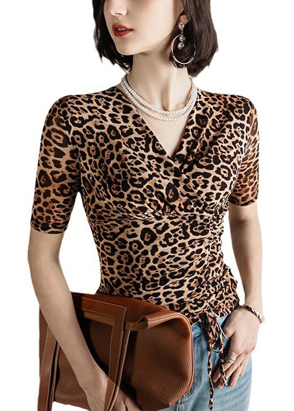 Fashion Leopard V Neck Cinched Tulle Tops Summer