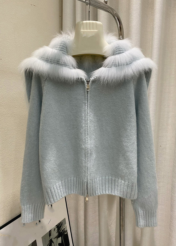 Fashion Light Blue Sailor Collar Patchwork Cotton Knit Cardigans Winter