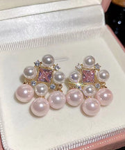 Fashion Light Pink Alloy Zircon Pearl Hollow Out Stud Earrings