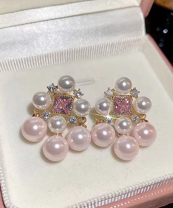 Fashion Light Pink Alloy Zircon Pearl Hollow Out Stud Earrings