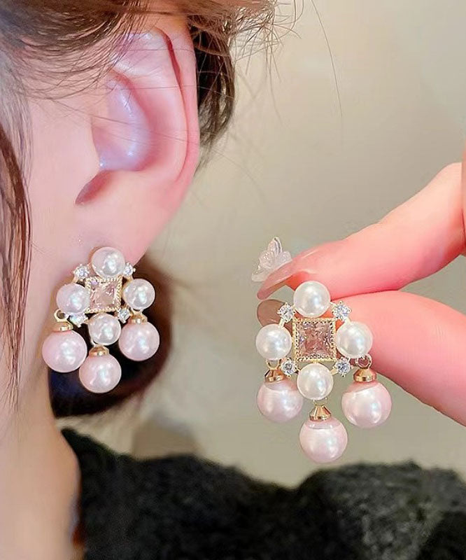 Fashion Light Pink Alloy Zircon Pearl Hollow Out Stud Earrings