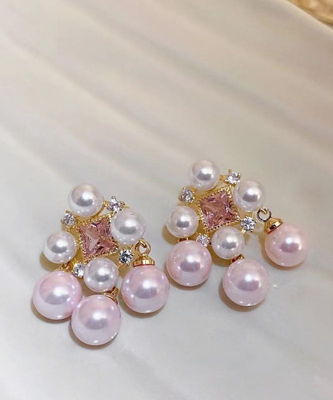Fashion Light Pink Alloy Zircon Pearl Hollow Out Stud Earrings