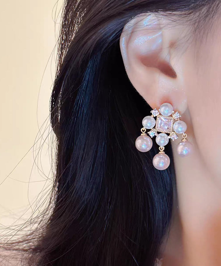 Fashion Light Pink Alloy Zircon Pearl Hollow Out Stud Earrings