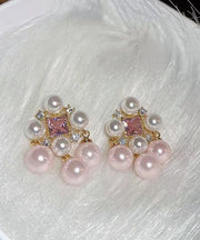Fashion Light Pink Alloy Zircon Pearl Hollow Out Stud Earrings