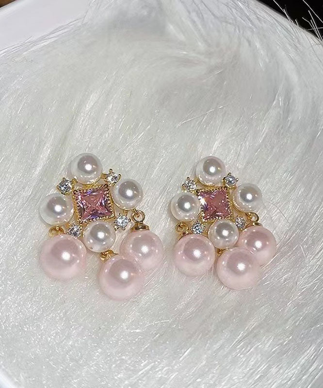 Fashion Light Pink Alloy Zircon Pearl Hollow Out Stud Earrings