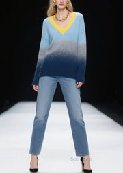 Fashion Mixed Color V Neck Warm Knitted Tops Winter