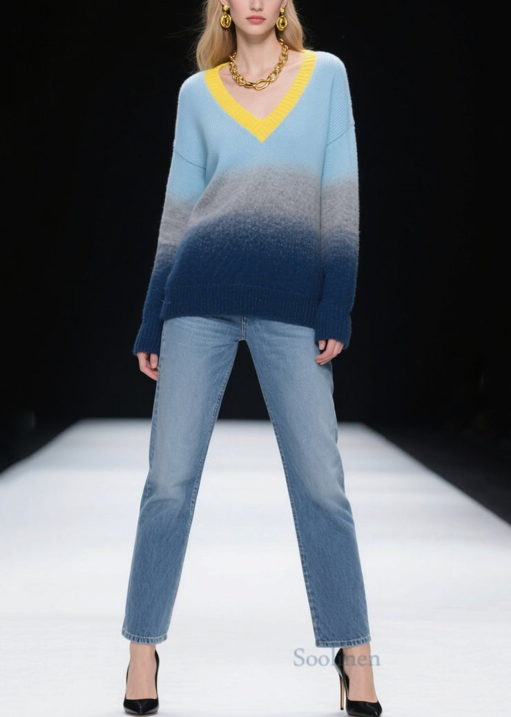 Fashion Mixed Color V Neck Warm Knitted Tops Winter