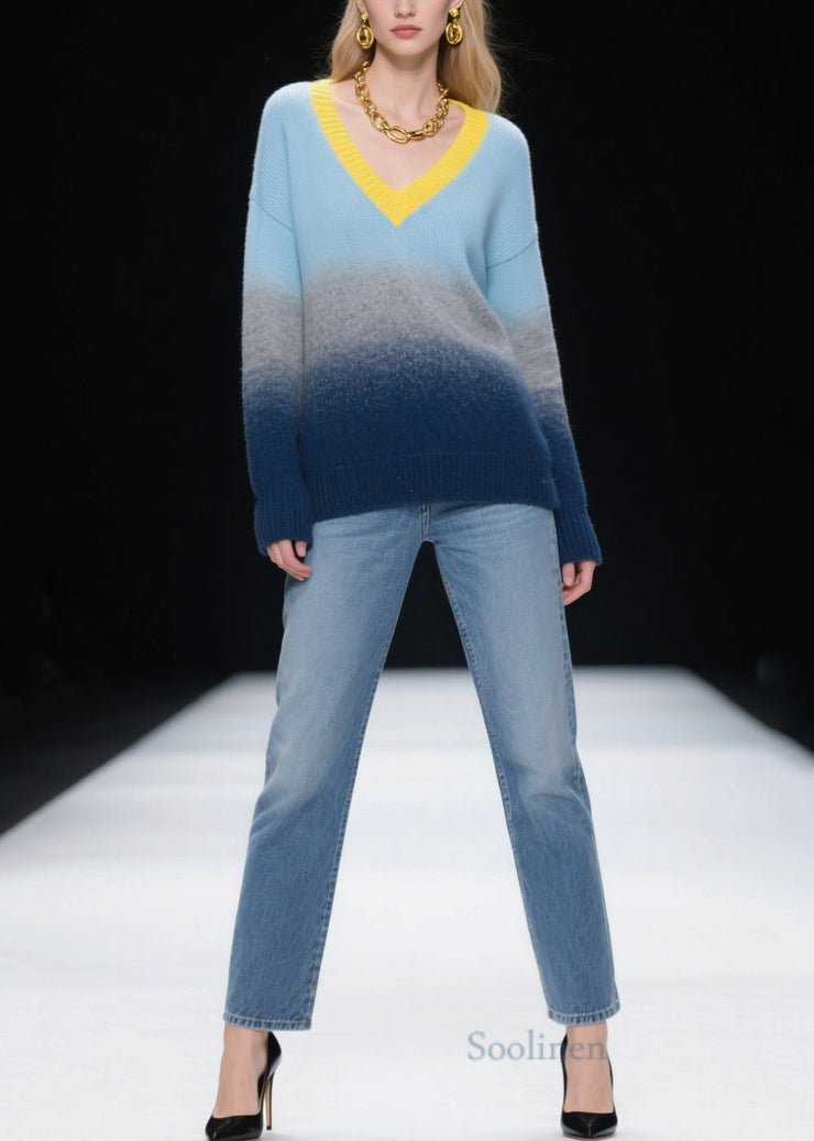 Fashion Mixed Color V Neck Warm Knitted Tops Winter