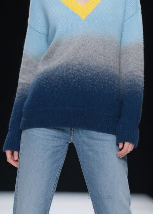 Fashion Mixed Color V Neck Warm Knitted Tops Winter